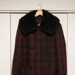 French Connection Double-Breasted Red Plaid Coat with Black Faux Fur Collar